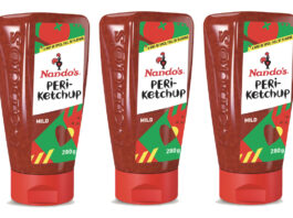 Product shots of Nando's PERi-Ketchup sauce bottles.