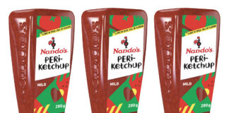 Product shots of Nando's PERi-Ketchup sauce bottles.