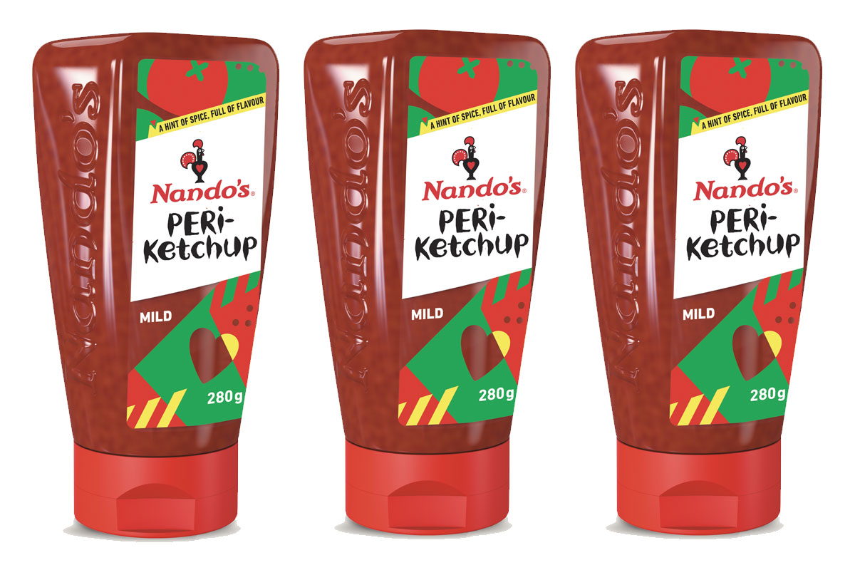 Product shots of Nando's PERi-Ketchup sauce bottles.