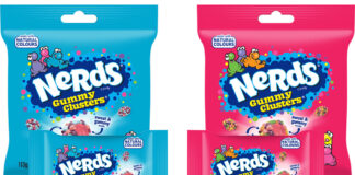 Pack shots of Nerds Gummy Clusters Fruits and Berries in a range of formats as well as a Nerds Rope Fruits pack shot.