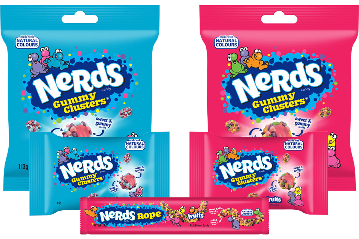 Pack shots of Nerds Gummy Clusters Fruits and Berries in a range of formats as well as a Nerds Rope Fruits pack shot.