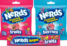 Pack shots of Nerds Gummy Clusters Fruits, Berries and Nerds Rope Fruits.