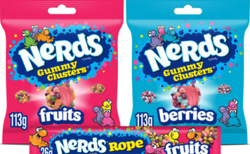 Pack shots of Nerds Gummy Clusters Fruits, Berries and Nerds Rope Fruits.
