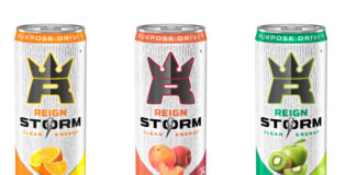 Pack shots of Reign Storm energy drink including Valencia Orange, Peach Nectarine and Kiwi Blend.