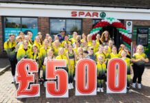 A group of people stand in front of Spar Garthamlock holding a £500 sign wearing yellow shirts.