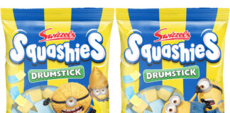 Pack shots of Swizzels Squashies Drumstick Despicable Me 4 Banana & Blueberry sweets.