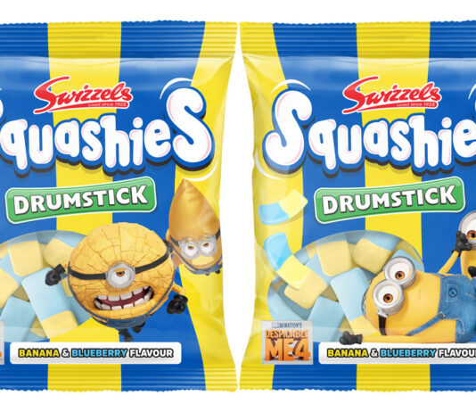 Swizzels unveils updated Despicable Me 4 range Pack shots of Swizzels Squashies Drumstick Despicable Me 4 Banana & Blueberry sweets.