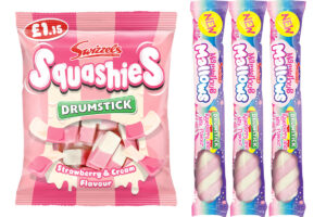 Pack shots of Swizzels Drumstick Squashies and Swizzels Drumstick Marvellous Mallows Countlines.