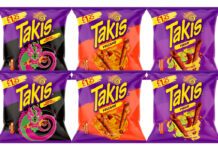 Pack shots of Takis PMPs including Dragon Sweet Chilli, Feugo and Volcano.
