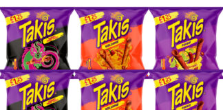 Pack shots of Takis PMPs including Dragon Sweet Chilli, Feugo and Volcano.