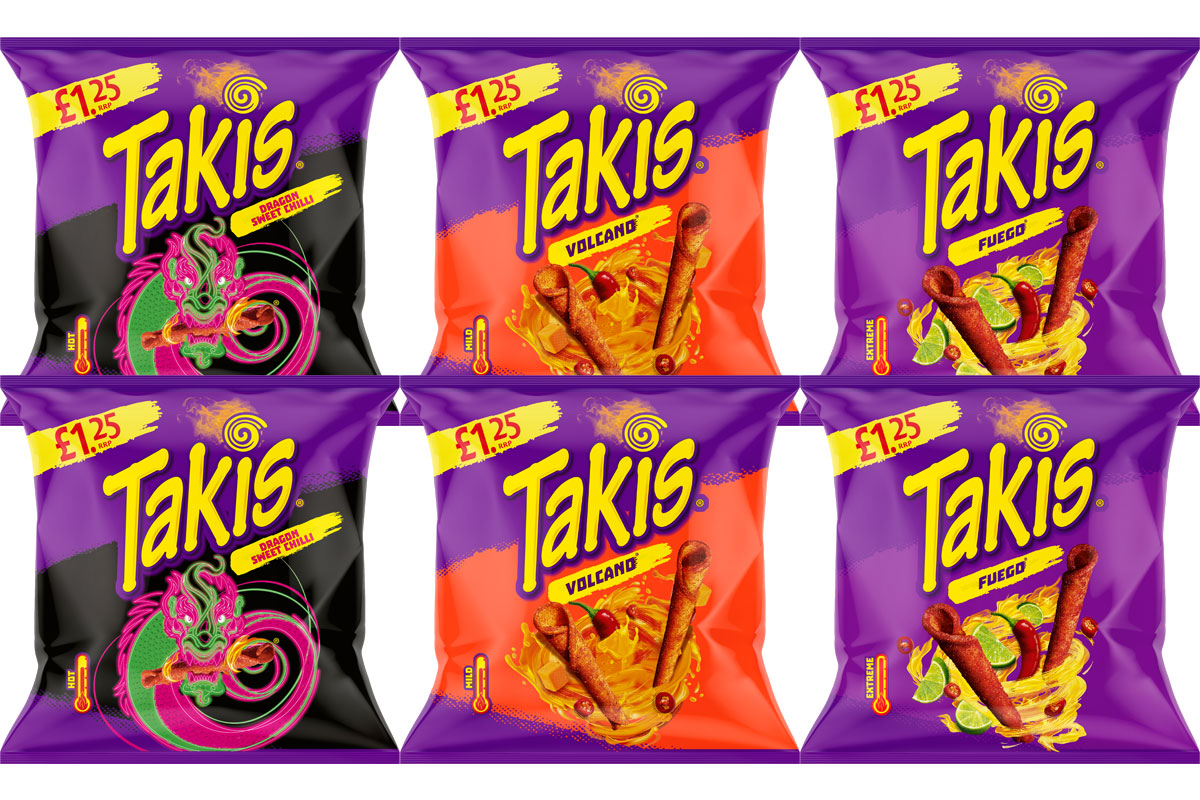 Pack shots of Takis PMPs including Dragon Sweet Chilli, Feugo and Volcano.