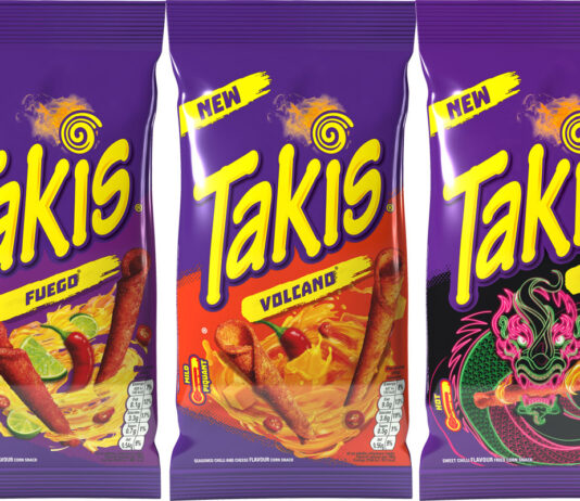 Takis raises the heat in store snacks Pack shot of the Takis range of spicy corn chips.