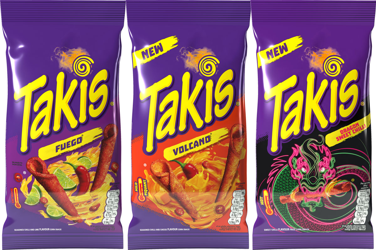 Pack shot of the Takis range of spicy corn chips.