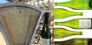 A picture of Telmont Champagn half-bottle stands next to a set of scales with pictures of the brand's full bottles to the right of this image.