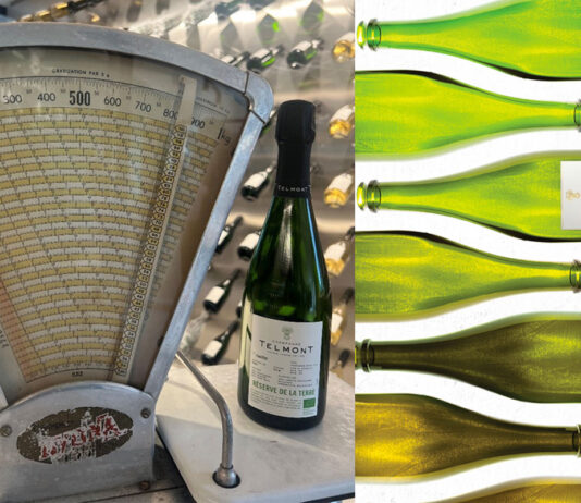 Telmont lightens the load across the bottles A picture of Telmont Champagn half-bottle stands next to a set of scales with pictures of the brand's full bottles to the right of this image.