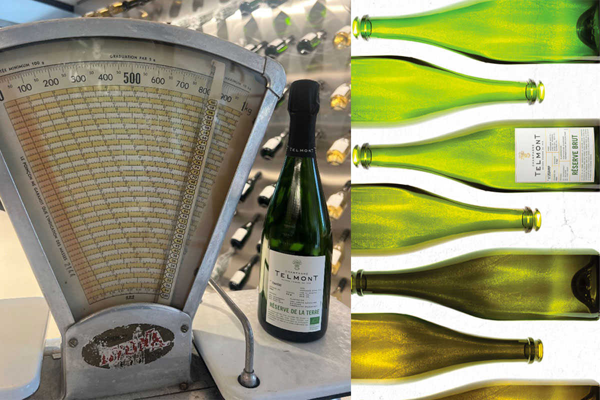 A picture of Telmont Champagn half-bottle stands next to a set of scales with pictures of the brand's full bottles to the right of this image.