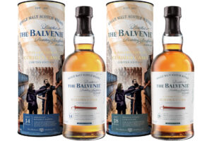Pack shots of The Balvenie A Collection of Curious Casks 14 Year Old American Bourbon Barrel and 18 Year Old French Pineau Cask.