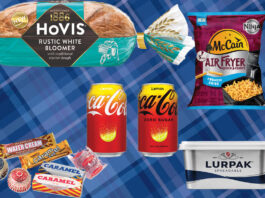 Top 20 FMCG Brands in Scotland overview Product shots sit on top of a blue tartan background including Tunnock's biscuit range, Hovis Bakers Since 1886 Rustic White Bloomer loaf, Coca-Cola Original Taste Lemon and Zero Sugar Lemon, McCain Air Fryer French Fries and Lurpak Spreadable.
