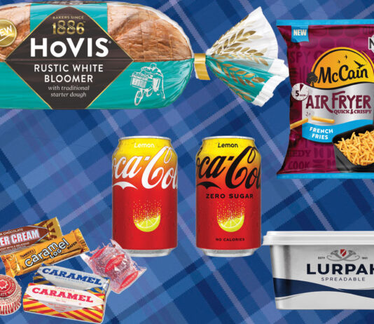 Top 20 FMCG Brands in Scotland overview Product shots sit on top of a blue tartan background including Tunnock's biscuit range, Hovis Bakers Since 1886 Rustic White Bloomer loaf, Coca-Cola Original Taste Lemon and Zero Sugar Lemon, McCain Air Fryer French Fries and Lurpak Spreadable.