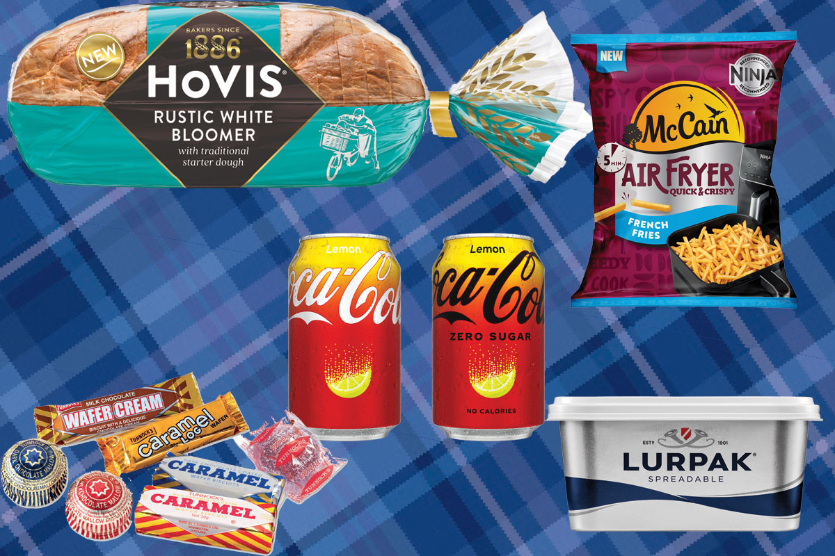Product shots sit on top of a blue tartan background including Tunnock's biscuit range, Hovis Bakers Since 1886 Rustic White Bloomer loaf, Coca-Cola Original Taste Lemon and Zero Sugar Lemon, McCain Air Fryer French Fries and Lurpak Spreadable.