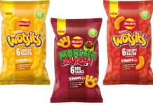 Pack shots of Walkers Yummy With range including Wotsits Cheese Toastie, Monster Munch BBQ Sauce and Wotsits Crispy Bacon.