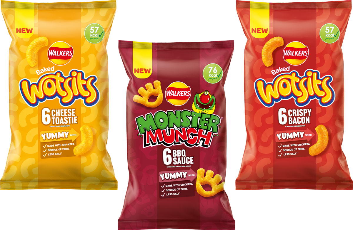 Pack shots of Walkers Yummy With range including Wotsits Cheese Toastie, Monster Munch BBQ Sauce and Wotsits Crispy Bacon.