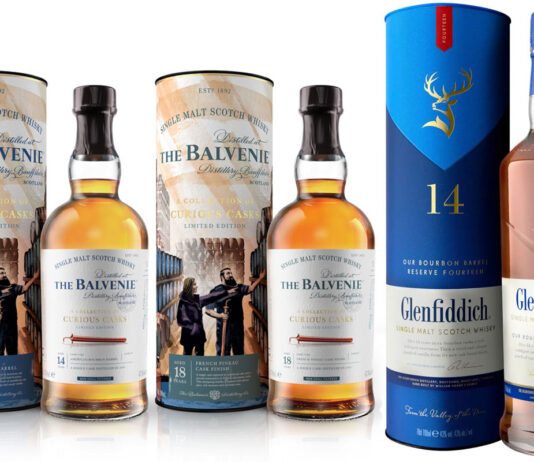 Drams of note for National Scotch Day Pack shot of The Balvenie The Collection of Curious Casks 14 Years Old and 18 Year Old as well as The Glenfiddich 14 Year Old.