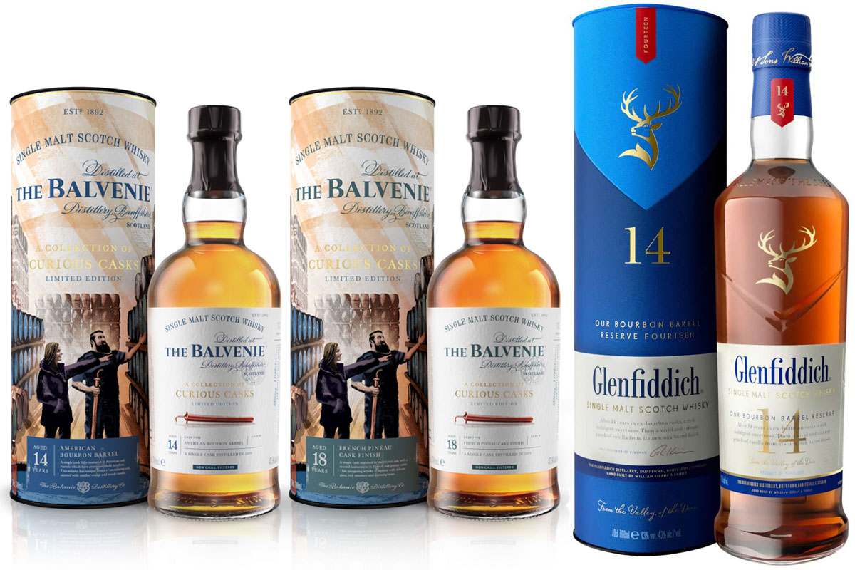 Pack shot of The Balvenie The Collection of Curious Casks 14 Years Old and 18 Year Old as well as The Glenfiddich 14 Year Old.