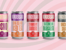 Cans of Wonderland Cocktails sit in front of a pink, white and grey spiral design.