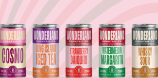 Cans of Wonderland Cocktails sit in front of a pink, white and grey spiral design.