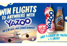 A plane flies in the sky with pack shots of Yazoo Strawberry £1.29 PMP 400ml bottle as well as Yazoo Thick N' Creamy Chocolate bottle as part of a new in-depot competition for the brand.