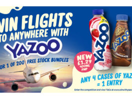 Yazoo offers retailers the chance to jet off on holiday A plane flies in the sky with pack shots of Yazoo Strawberry £1.29 PMP 400ml bottle as well as Yazoo Thick N' Creamy Chocolate bottle as part of a new in-depot competition for the brand.