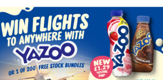 A plane flies in the sky with pack shots of Yazoo Strawberry £1.29 PMP 400ml bottle as well as Yazoo Thick N' Creamy Chocolate bottle as part of a new in-depot competition for the brand.