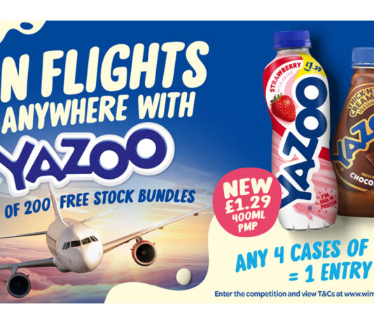 Yazoo offers retailers the chance to jet off on holiday A plane flies in the sky with pack shots of Yazoo Strawberry £1.29 PMP 400ml bottle as well as Yazoo Thick N' Creamy Chocolate bottle as part of a new in-depot competition for the brand.
