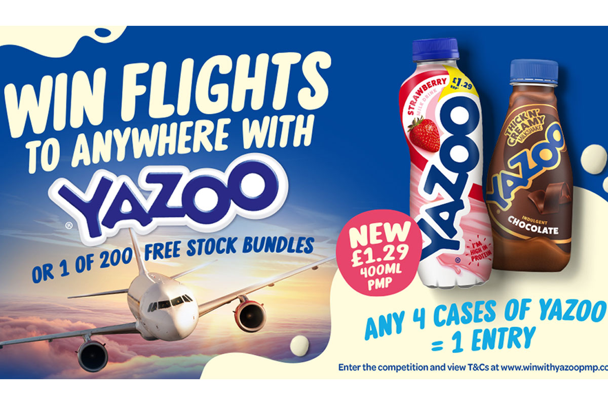 A plane flies in the sky with pack shots of Yazoo Strawberry £1.29 PMP 400ml bottle as well as Yazoo Thick N' Creamy Chocolate bottle as part of a new in-depot competition for the brand.