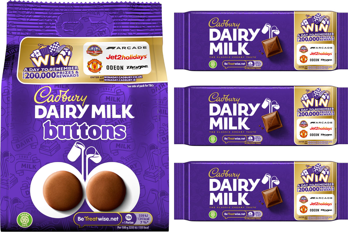 Cadbury Dairy Milk tablet bars and Cadbury Dairy Milk Buttons with the Win a Day to Remember promotion seen on packs.