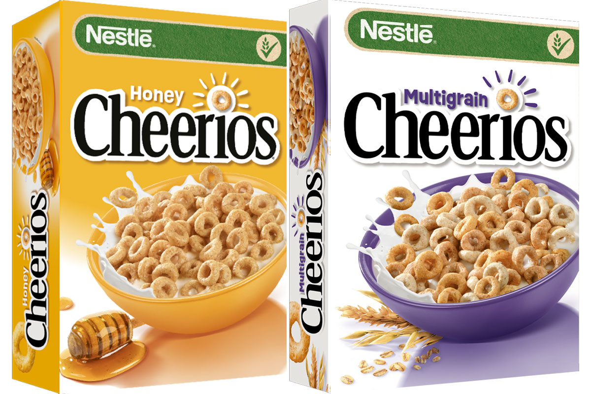 Pack shots of Cheerios and Honey Cheerios.