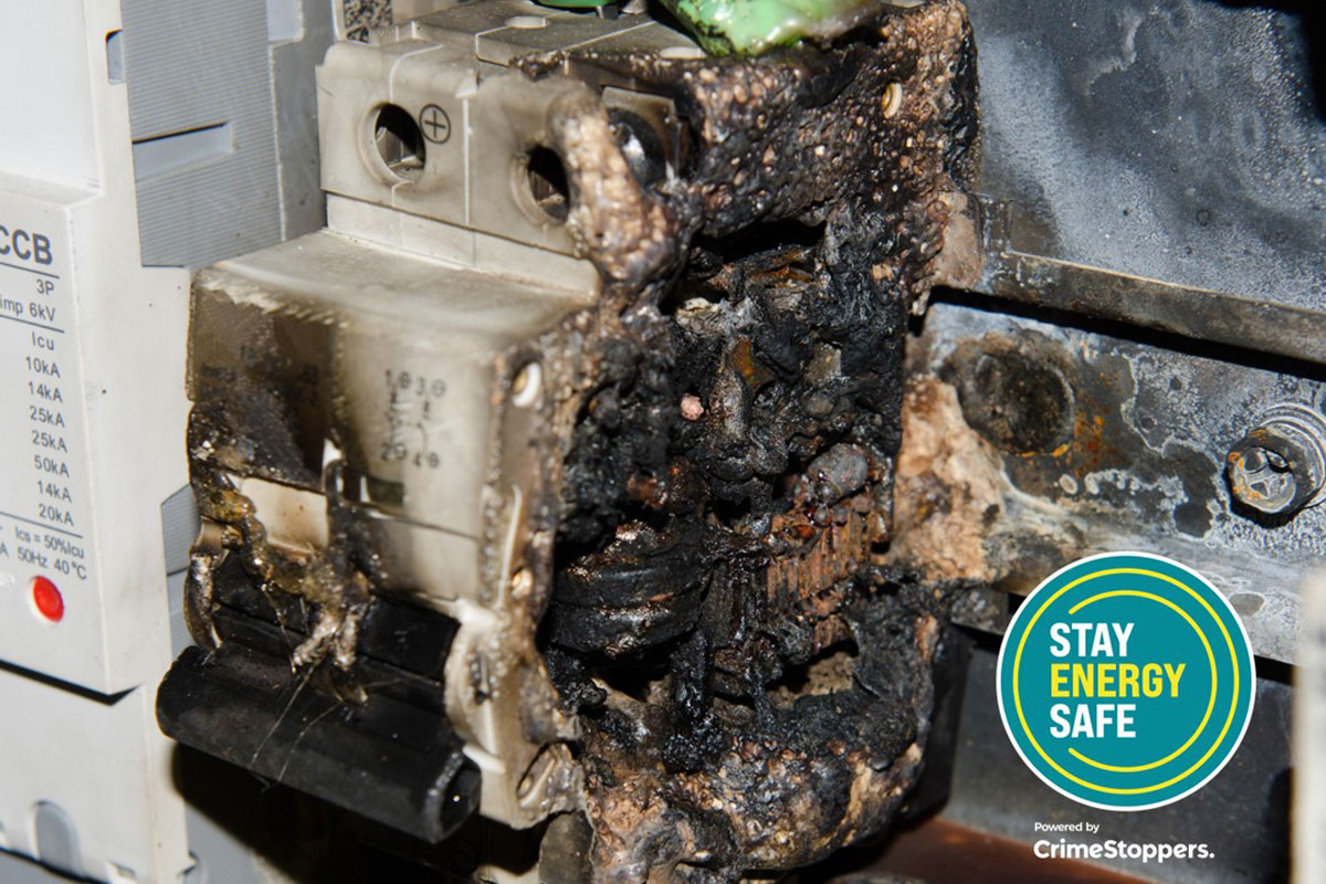 An energy meter that has been damaged by an electric fire after it has been tampered with.