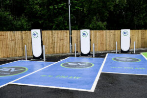 EV charger ports and parking spaces.