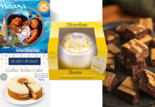 Pack shots of a Moana Celebration Cake, Mary Berry Toffee Coffee Cake, Gordon's Gin Sicilian Lemon Layer Cake as well as a lifestyle image of Thorton's Chocolate Fudge Brownie Bites.