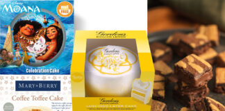 Pack shots of a Moana Celebration Cake, Mary Berry Toffee Coffee Cake, Gordon's Gin Sicilian Lemon Layer Cake as well as a lifestyle image of Thorton's Chocolate Fudge Brownie Bites.