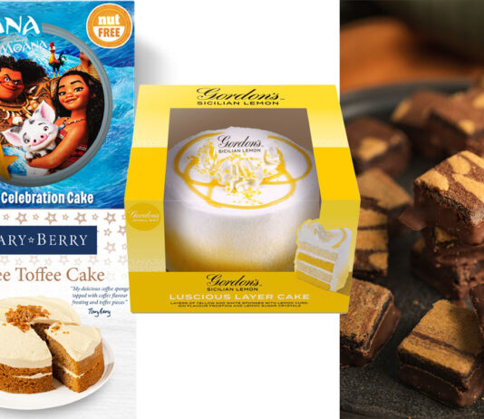 Finsbury bakes for celebrations Pack shots of a Moana Celebration Cake, Mary Berry Toffee Coffee Cake, Gordon's Gin Sicilian Lemon Layer Cake as well as a lifestyle image of Thorton's Chocolate Fudge Brownie Bites.