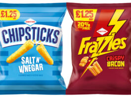 Frazzles and Chipsticks flip over a new look Pack shots of Chipsticks PMP and Frazzles PMP.