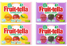 Pack shots of Fruit-tella Summer Fruits multipacks and Fruit-tella Berries & Cherries multipacks.