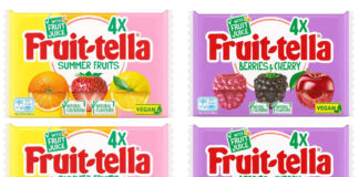 Pack shots of Fruit-tella Summer Fruits multipacks and Fruit-tella Berries & Cherries multipacks.