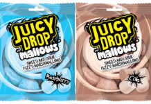 Pack shots of Juicy Drops Mallows Raspberry and Juicy Drop Mallows Cola.