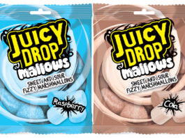 Bazooka Candy rolls into the mallows category Pack shots of Juicy Drops Mallows Raspberry and Juicy Drop Mallows Cola.