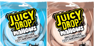 Pack shots of Juicy Drops Mallows Raspberry and Juicy Drop Mallows Cola.