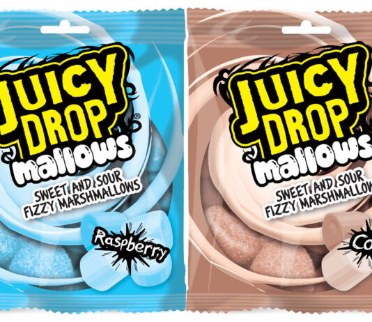 Bazooka Candy rolls into the mallows category Pack shots of Juicy Drops Mallows Raspberry and Juicy Drop Mallows Cola.