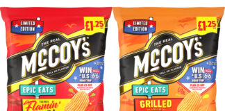 Pack shots of McCoy's Epic Eats Flamin' Fajita and Grilled Cheese.